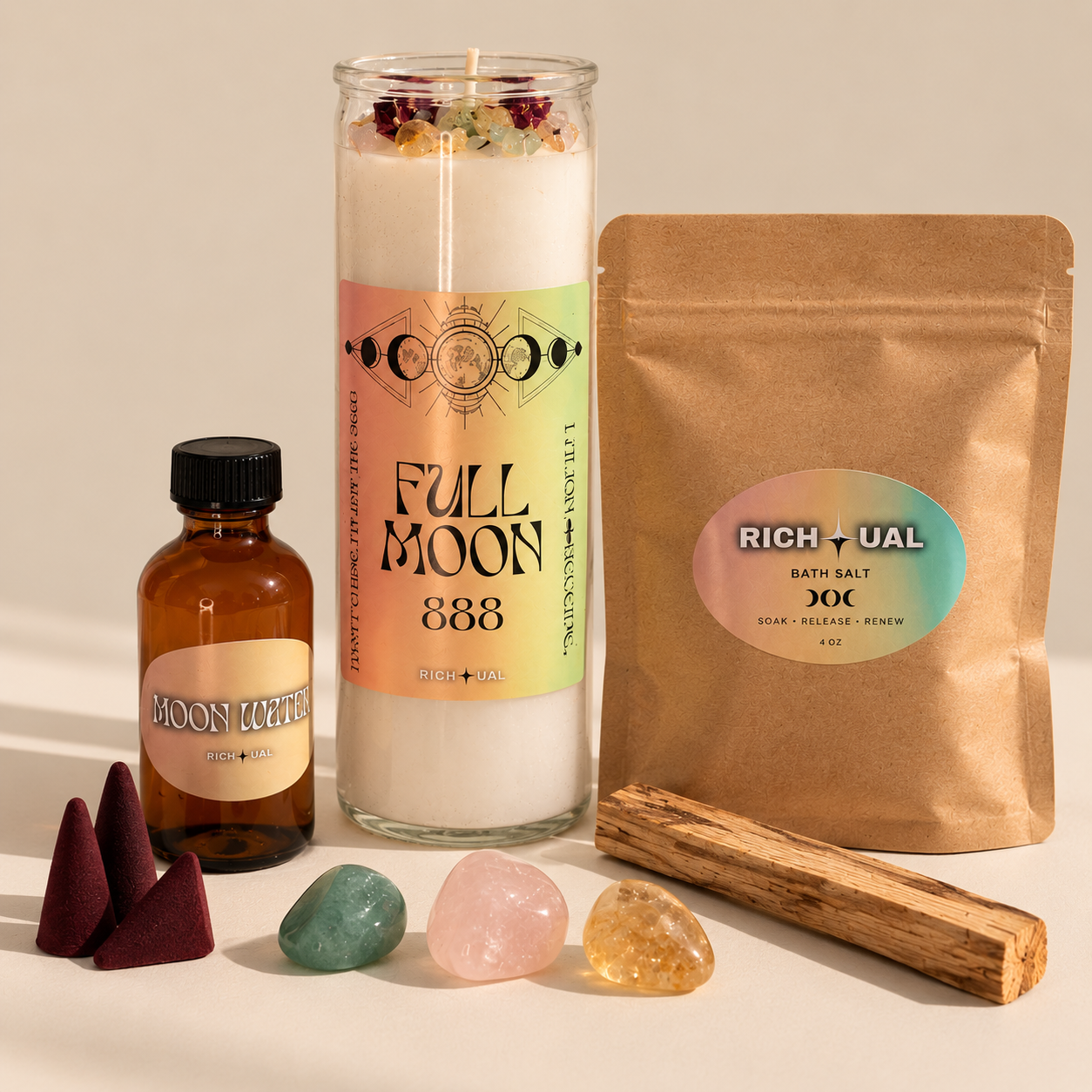 Full Moon Ritual Kit with intention candle, moon water, bath salts, crystals, incense, and palo santo